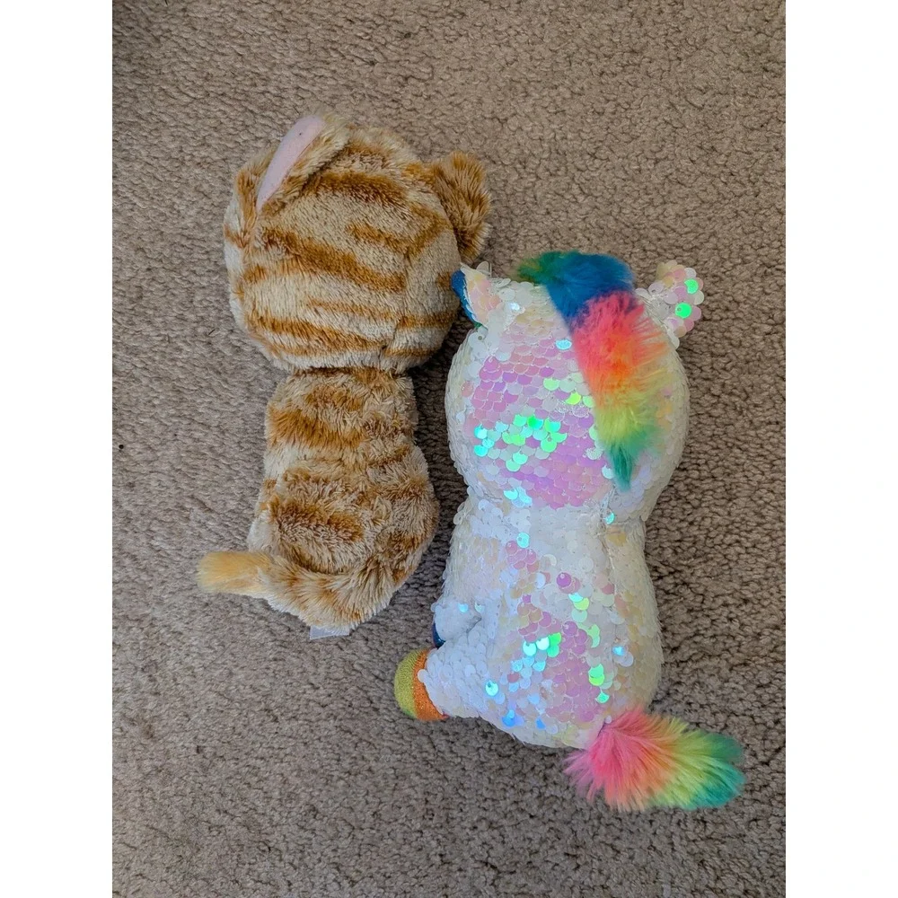 Ty Beanie Boos Tabitha Cat and Pixy Sequin Unicorn Plush Lot 6 inch Glitter Eyes